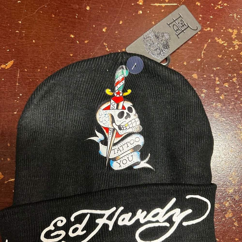 Ed Hardy Mens Black Skull Tattoo Graphic Print Comfort Beanie Hat One Size